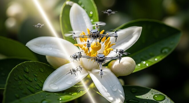 Tiny drones meticulously pollinate a vibrant white flower, mimicking nature's essential process with futuristic technology