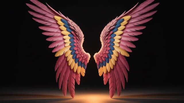 Vibrant, multicolored wings with intricate feather details displayed against a dark background, creating a striking visual effect