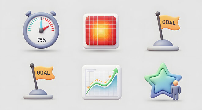 Set of six business and finance icons including stopwatch goal flag chart and star.