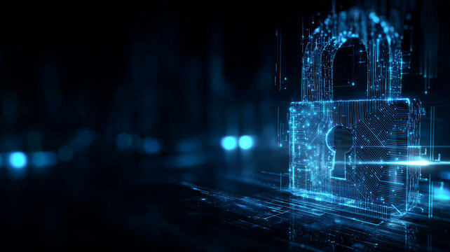 Digital data protection concept with a padlock made of circuit lines standing in a futuristic server environment, symbolizing encryption, secure access and the defense of critical information.
