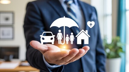 Professional offering diverse protection concepts hovering above an open hand