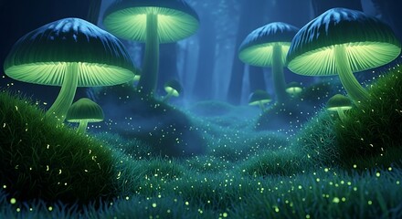 Enchanting twilight forest scene with towering bioluminescent mushrooms and glowing moss creating a mystical, dreamlike atmosphere