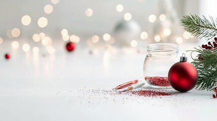 A close-up shot shows red glitter spilling from a glass jar next to a red Christmas ornament and a pine branch, with bokeh lights in the background.