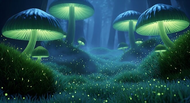 Enchanting twilight forest scene with towering bioluminescent mushrooms and glowing moss creating a mystical, dreamlike atmosphere
