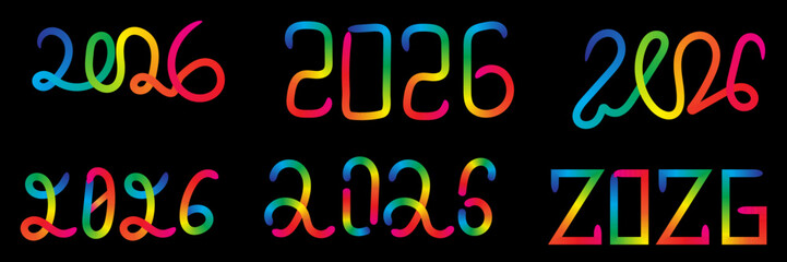 2026 New Year Line Art. Gradient Outline Drawing Vector Numbers Design. Isolated Linear Color Art.