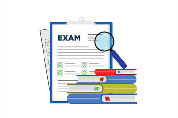 Educational Exam Form with Checklist. Test Paper, Study Books, Magnifying Glass, School Assessment Flat Vector Illustration