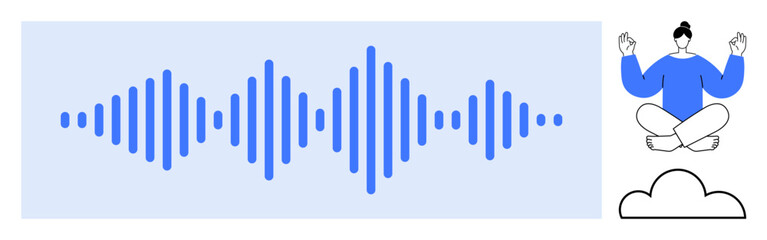 Blue soundwave pattern with meditating person in seated posture cloud below. Ideal for mindfulness, meditation, self-care, sound therapy, wellness, sound design, relaxation. Simple flat metaphor