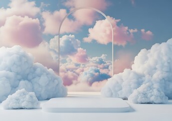 White podium, fluffy clouds, archway, serene pastel cloudscape