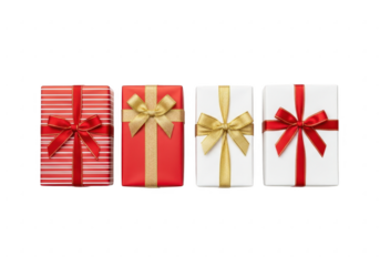 Four gift boxes with red and gold ribbons, isolated on transparent background