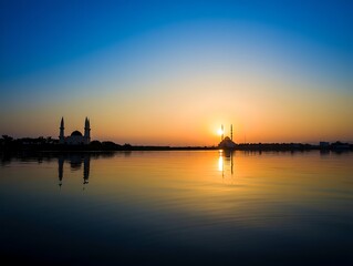 Naklejka premium Mosque silhouette at the sunrise