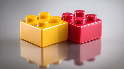 Two colorful building blocks against a neutral background, inviting imagination and creativity. They are in yellow and red