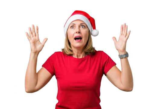 Woman in santa hat expressing shock and surprise isolated on transparent background
