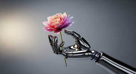 Artificial Hand Holding a Delicate Flower A Symbol of Technology and Nature