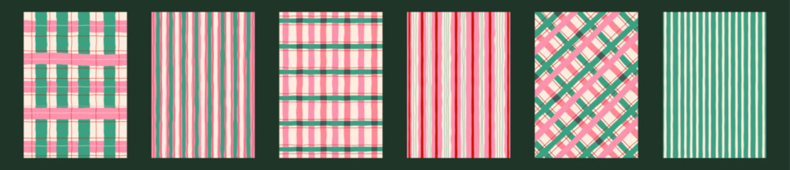 Naklejka premium Hand drawn Holiday plaid and stripe patterns in pink, green, and cream. Seamless rustic textures perfect for holiday wrapping paper, fabric, scrapbook design, stationery, and winter projects. Vector