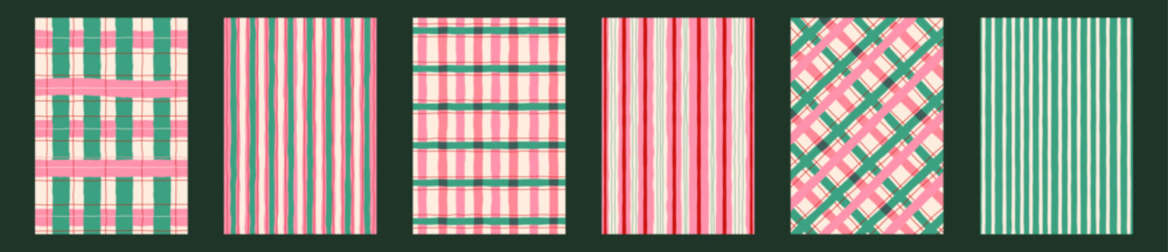 Hand drawn Holiday plaid and stripe patterns in pink, green, and cream. Seamless rustic textures perfect for holiday wrapping paper, fabric, scrapbook design, stationery, and winter projects. Vector