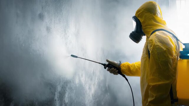Man sprays mold disinfection on a wall in a residential area while wearing protective suit and mask to ensure safety from harmful spores