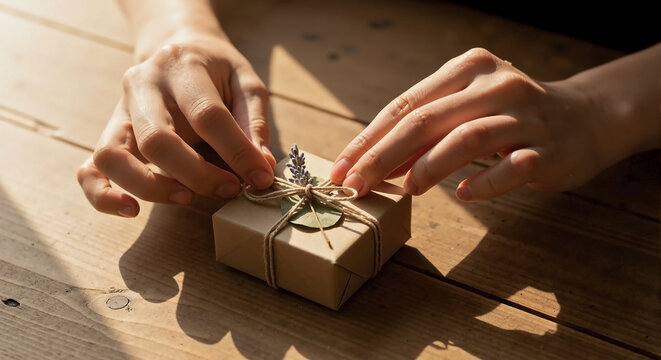 Hands Tying a Bow on a Small Handmade Gift Box with Natural Sunlight on Wooden Table for Craft Blogs, Gift Wrapping Tutorials, Holiday Planning, and DIY Project Ideas