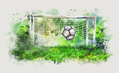 Soccer ball entering a white goal net on a vibrant green grass field rendered in a dynamic watercolor technique capturing the excitement of a match © farzana