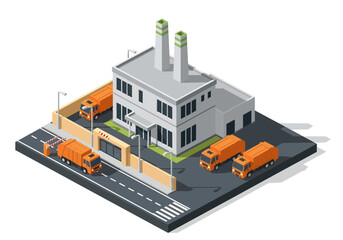 Isometric vector illustration of a waste processing plant with twin smokestacks, a security gate, and orange garbage trucks navigating the facility grounds