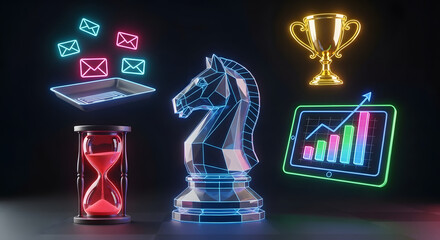 Chess Knight Strategy Concept with Digital Elements and Business Growth.