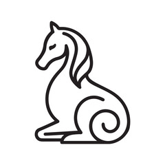 Graceful black line art illustration of a stylized mythical creature, resembling a horse or seahorse, sitting elegantly with a curly, swirling tail, isolated on a white background