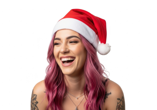 Woman with pink hair wearing a santa hat laughing, isolated on transparent background - Powered by Adobe