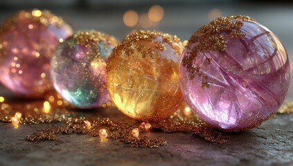 Gleaming orbs with golden texture and bokeh lights background
