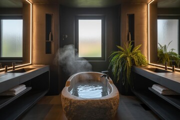 Modern bathroom with a rustic stone bathtub filled with steaming water and elegant lighting