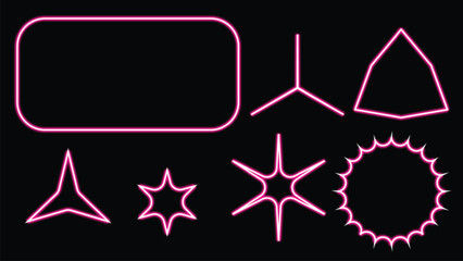 Abstract neon shapes in pink illuminated on a dark black background composition