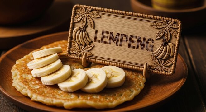 Rustic Bruneian Lempeng &ndash; Banana-Infused Pancake with Rattan 'LEMPENG' Sign, Banana Bunch & Cassava Leaf Motifs 