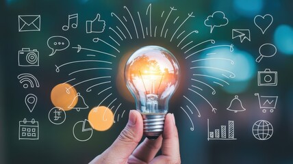 Illuminated incandescent bulb radiates energy amidst various digital communication and business concept icons