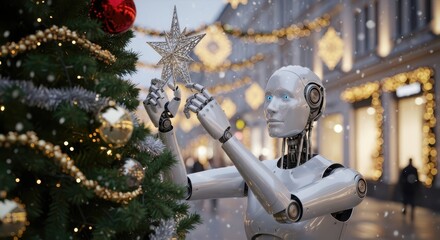 Futuristic robot decorating christmas tree on festive winter street at night