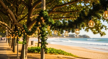 Beachfront pathway with festive lights under sunlit trees along serene ocean
