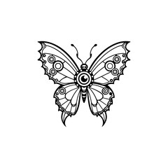 A black and white butterfly vector drawing with an elegant floral swirl pattern for tattoo or card design
