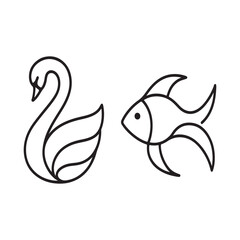 Fototapeta premium Elegant Swan and Playful Fish Whimsical Line Art Duo for Creative Projects