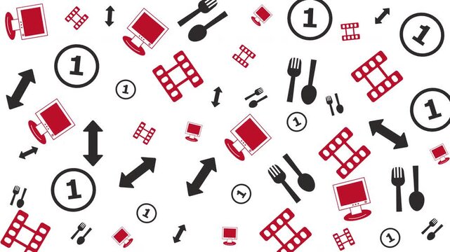 Patterned Graphic Design Featuring Arrows, Clocks, Utensils, and Film Strips on White Background with Red and Black Icons