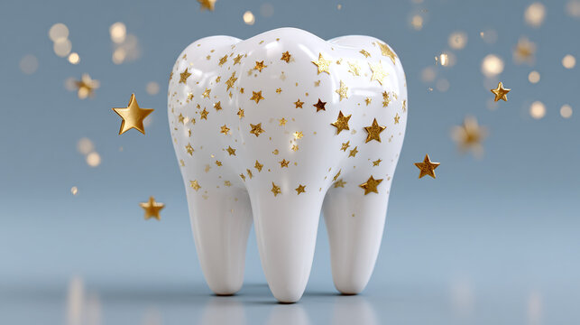 A whimsical depiction of a tooth adorned with golden stars, against a soft background
