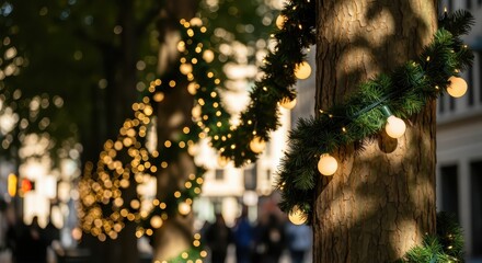 Festive city street decor with string lights and green garland on trees