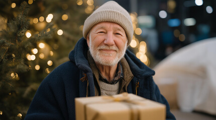 Elderly homeless man receiving a wrapped gift and smiling beside a glowing Christmas tree in a shelter — a deeply emotional and humanizing portrait of hope, dignity, and kindness amid hardship at