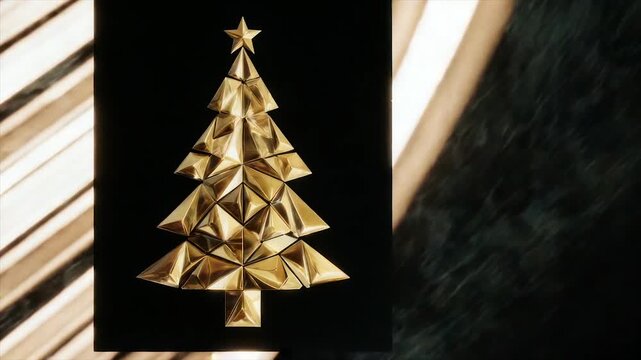 A geometric gold Christmas tree on black with striped background