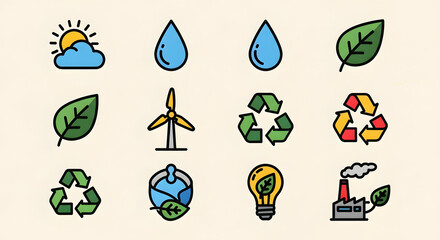 Collection of EcoFriendly Icons Representing Environmental Sustainability and Renewable Energy.