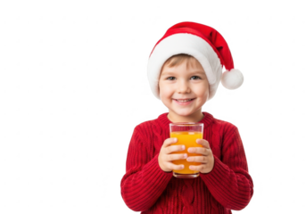 Smiling child in santa hat holding a glass of orange juice, isolated on transparent background