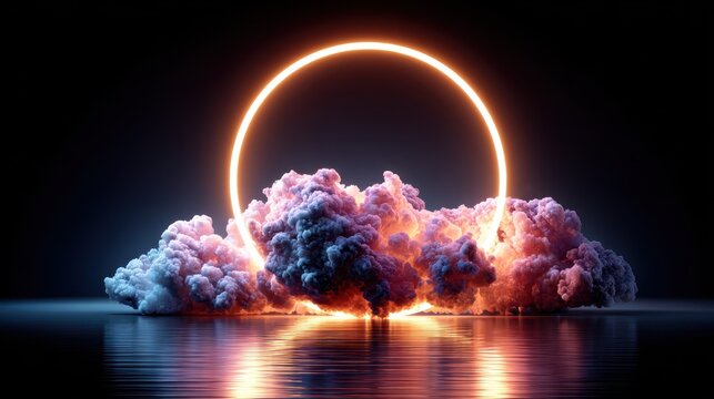 Fiery smoke billows through a glowing neon circle above water. - Powered by Adobe