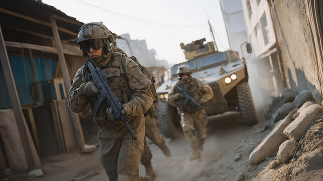A mechanized infantry team advancing between buildings in an urban conflict zone, armored vehicles providing cover while soldiers communicate through encrypted radios — urban combat tactics,