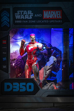 Iron Man Comic Book Superhero Character, Ironman Suit, Costume, Marvel Comics Cinematic Universe, MCU Avengers, Disney Store Window Display, Oxford Street, London, UK - November 2025