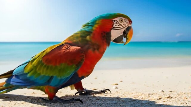 Colorful parrot standing on sandy beach with ocean waves and clear blue sky in the background