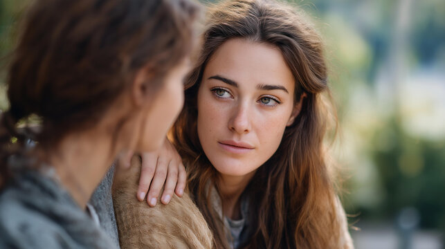 A friend reaches out to rest a comforting hand on another’s shoulder during a difficult conversation in a park — the sunlight catching their expressions of empathy and concern. Their eyes meet with - Powered by Adobe