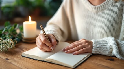 A young woman with light skin writes in a notebook by candlelight, creating a cozy atmosphere.