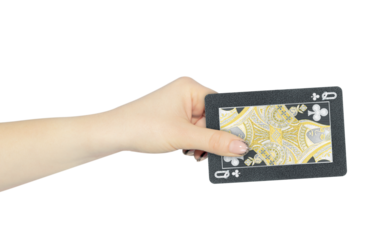 playing card clubs queen in hand, outstretched hand with black playing card isolated from background