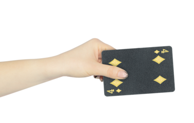 playing card diamonds 4 in hand, outstretched hand with black playing card isolated from background